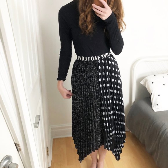 Parisian Black & White Polkadot Pleated Midi Skirt - Picture 1 of 7